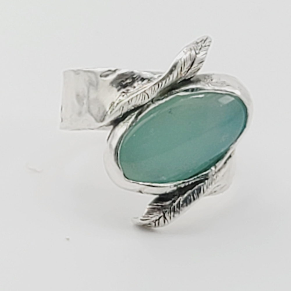 PREHNITE W/ ENGRAVED LEAFS RING HANDMADE IN STERLING SILVER METAL SIZE 6